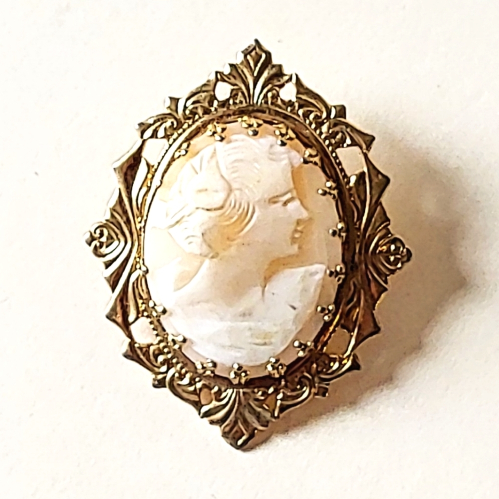 VINTAGE SHELL CAMEO PIN BROOCH - GOLDTONE ART DECO STYLE FRAME - Picture 5 of 5